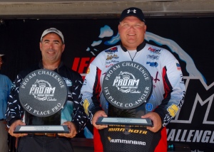 First-place pro-angler John Oliverio (left) and first-place co-angler Dewey Holloway (right) pose with their trophies at the Lucas Oil IFA Pro-Am Redfish Challenge at Jacksonville, Fla., on July 27.